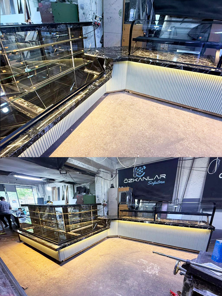 Siyah beyaz pastane baklava dolabı bankolu köşeli komple set